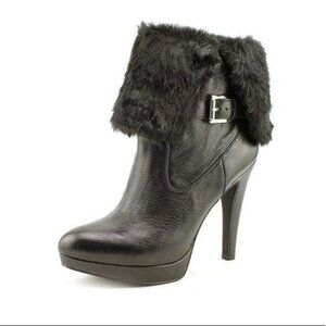 INC International Concepts Leather Faux Fur Black High Heel Ankle Boots Size 9.5